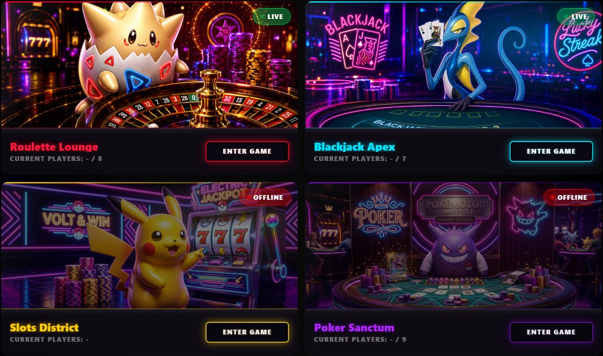 The Gaming Lounge — four game rooms with live player counts